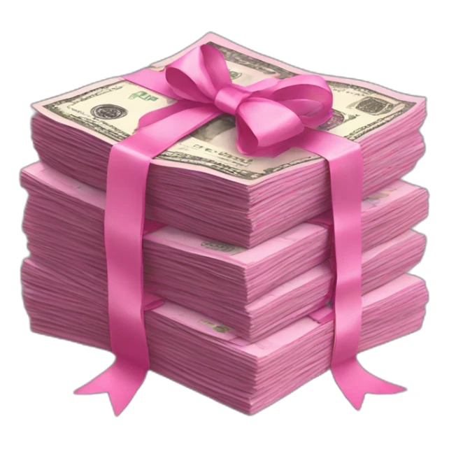 a stack of pink money bills tied with a ribbon sticker