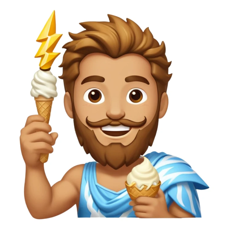Zeus in vest smiling eating white ice cream holding lightning bolt sticker