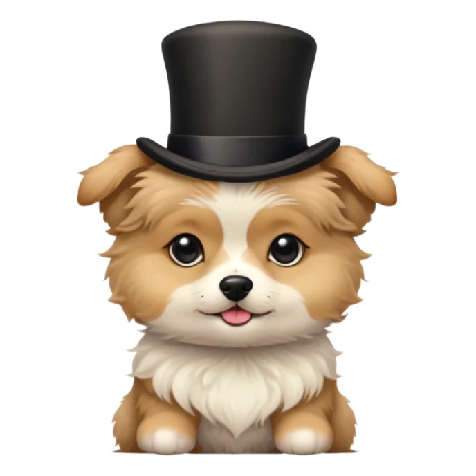 cute small dog with plain light tan fur, black nose, black round eyes, curly fluffy medium length hair, wearing a top hat sticker