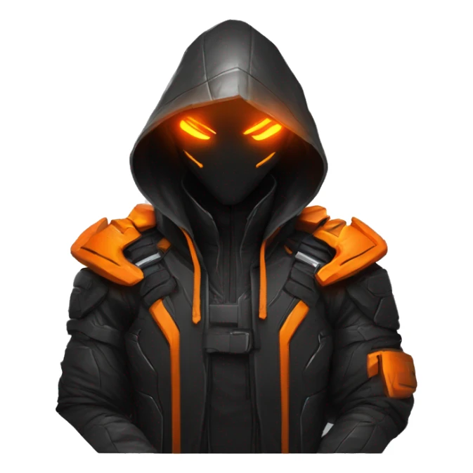  developer behind his laptop with this style : crysis Cyberpunk Valorant orange glowing bright orange character orange black hooded assassin themed character sticker