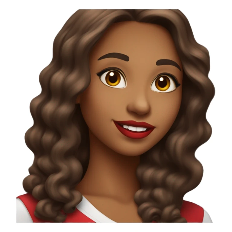 brown lady smiling, medium brown long wavy hair, bright red lips, eyelashes, wearing red “happy Valentine’s Day” t shirt sticker