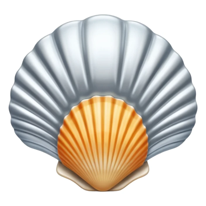A seashell emoji made of polished silver chrome, smooth curved surface, reflective metallic highlights, elegant minimal design, iOS emoji style, centered, clean white background, soft lighting sticker