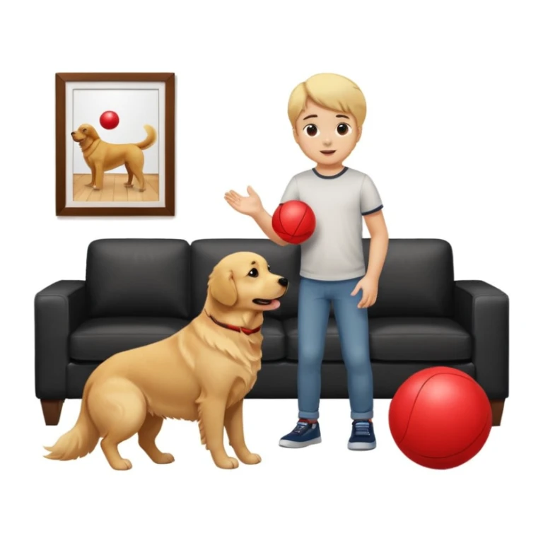 kid and dog playing with ball, living room background sticker