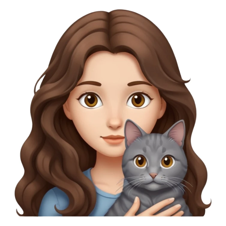 Ragazza con capelli lunghi marroni mossi con un gatto grigio  sticker