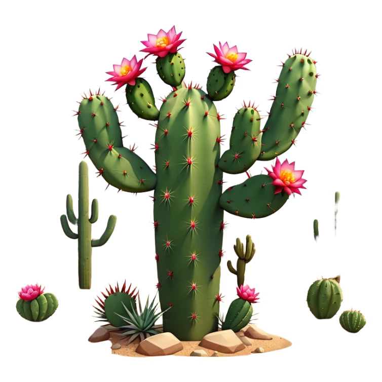 Cinematic Realistic Cactus Emoji, Tall and spiny, with thick, rounded stems covered in sharp spines. Bright flowers bloom at the tips of some branches, adding a pop of color against the desert backdrop. Soft glowing outline, capturing the essence of strength, survival, and desert beauty in a striking cactus! sticker