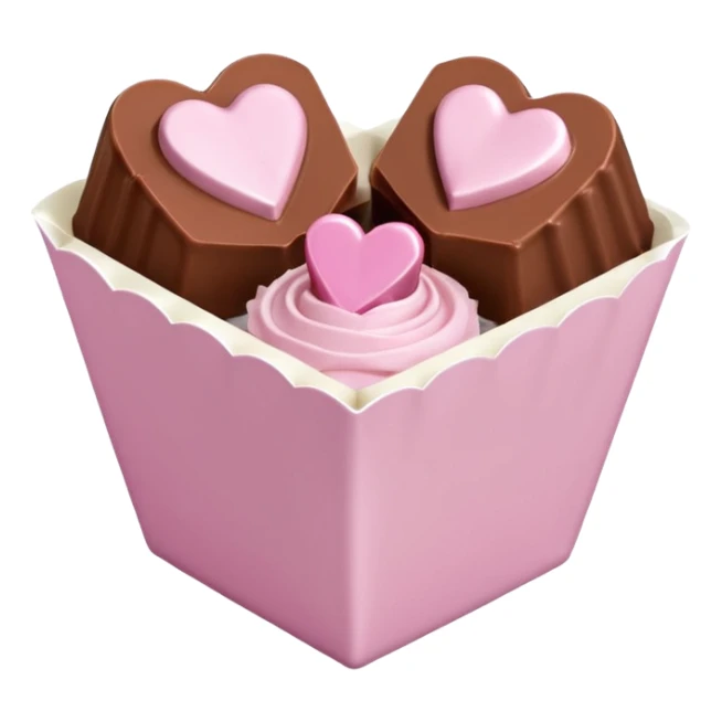 Two square milk chocolate pralines only, Each praline is a sharp-edged cube with smooth glossy chocolate coating, placed in a small white fluted paper candy cup. On top of each cube is a flat pastel pink heart-shaped icing, thin and smooth, slightly translucent, with fine sugar crystal sparkle. sticker