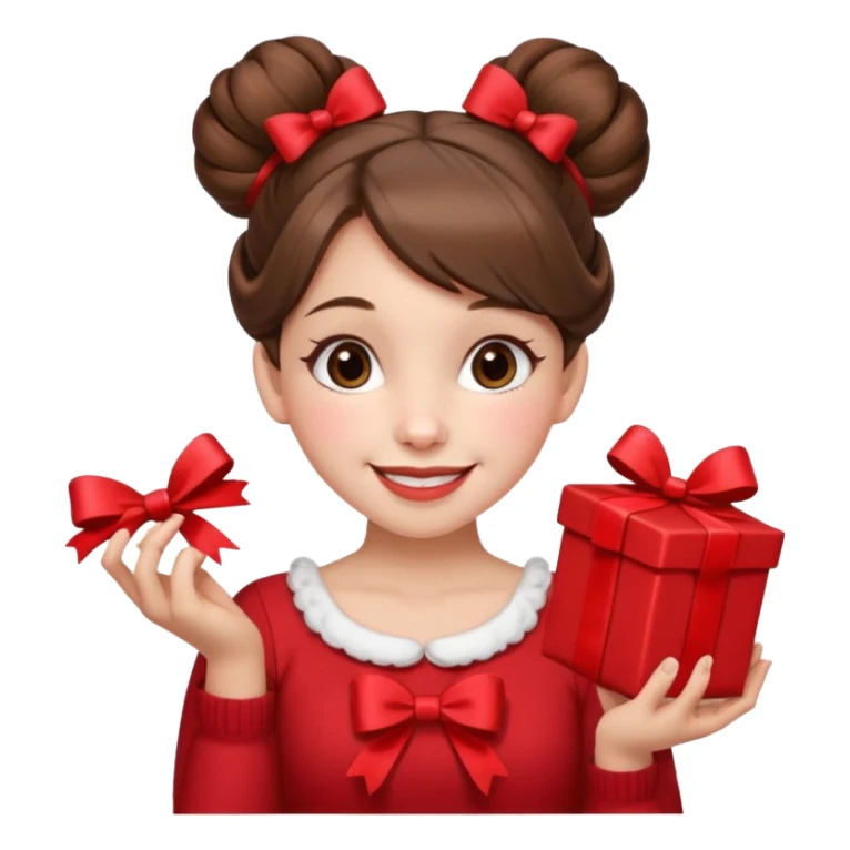 A cheerful young girl with brown hair styled in two playful buns adorned with red bows is winking and smiling.  In her hands, she holds a small decorated  sticker
