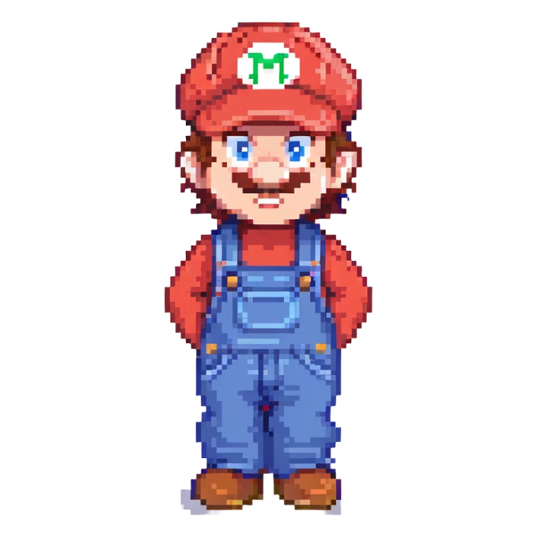 Mario, pixel art style, classic red hat and blue overalls, cheerful expression sticker