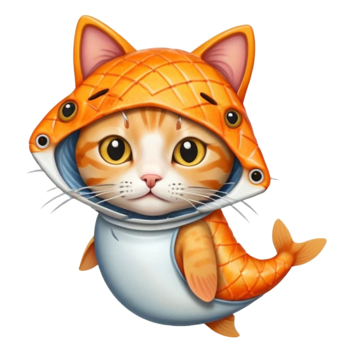 A little cat wearing a grilled fish head cover sticker