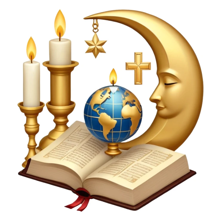 An icon featuring a holy book, a candle, and a cross, symbolizing religious studies. The design includes a globe with various religious symbols: a crescent moon and star (Islam), a lotus flower (Buddhism), representing global belief systems. Transparent background. sticker