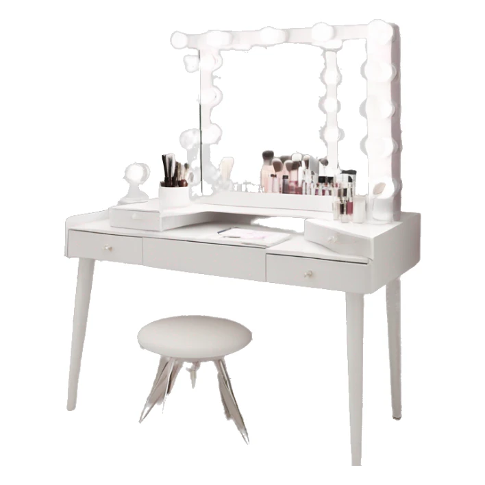 white makeup vanity with glass top and a hollywood style makeup mirror with bulbs around it. skincare and perfume on the desk neatly with white chair  sticker