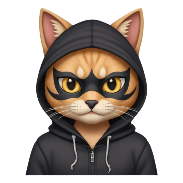 thief cat portrait, head and shoulders only, black mask markings, sly eyes, dark hoodie collar, mischievous expression, 3D cartoon, mobile game icon style, clean background, no text, no watermark
 sticker