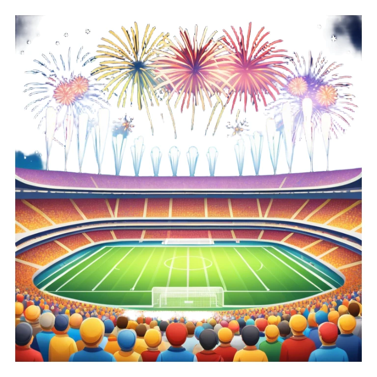 An icon showing a large stadium with bright floodlights, fireworks bursting in the sky, and a lively crowd below. The design captures the excitement and energy of concerts and festivals, with vibrant colors and a festive atmosphere. Set against a transparent background to highlight the celebration. sticker
