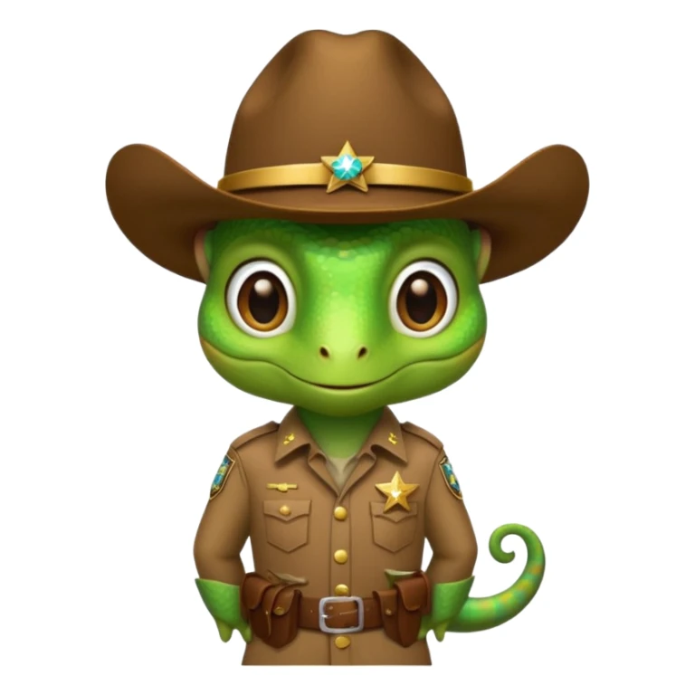 Standing green chameleon with a brown cowboy hat and dressed like a sheriff  sticker