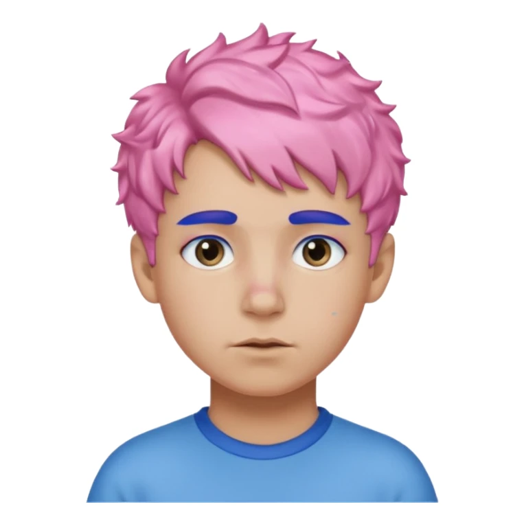 boy with short, curly pink hair, matching blue eyebrows, light brown skin, and a neutral facial expression. sticker