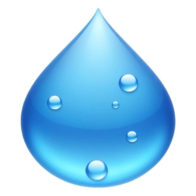 showing small blue water droplets floating gently in the air above a shiny surface, creating a fresh and slightly wet appearance — the surface has a soft reflective glow, representing humidity or moisture — clean, soft lighting and smooth rounded emoji design sticker