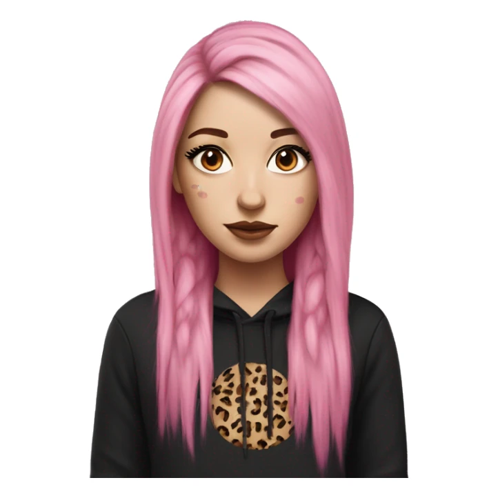 Hyperrealistic white girl with long black hair with a pink fringe and has eye makeup on, she is wearing a black and leopard print hoodie  sticker