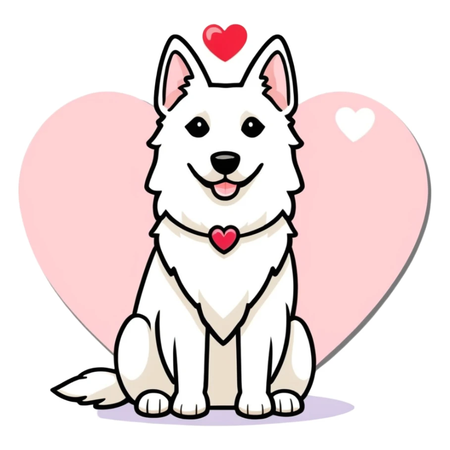white belgian Shepherd dog with a Glitter collar . over the Dog ist a heart sticker
