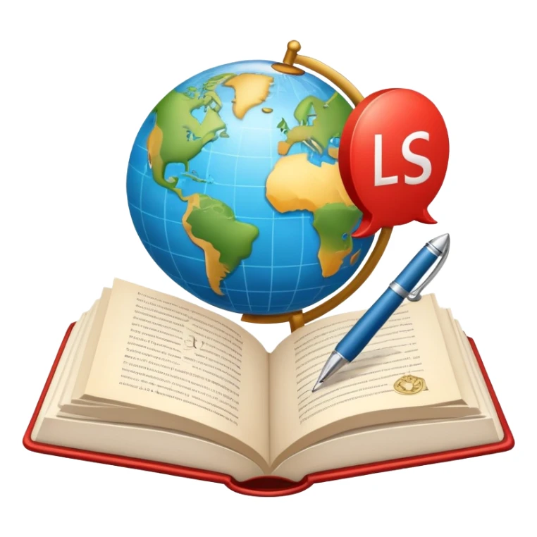 An icon featuring an open book, a speech bubble, and a pen, symbolizing philology and linguistics. The design includes a globe with language characters and grammar symbols, representing the study of languages and literature. Transparent background highlights language analysis. sticker