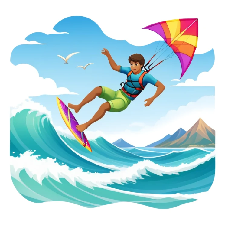 A professional kite surfer performing a high-flying trick on the waves, with a colorful kite soaring above. The background features a stunning landscape of rolling ocean waves, a bright sky, and distant mountains, emphasizing the skill and freedom of the sport. sticker