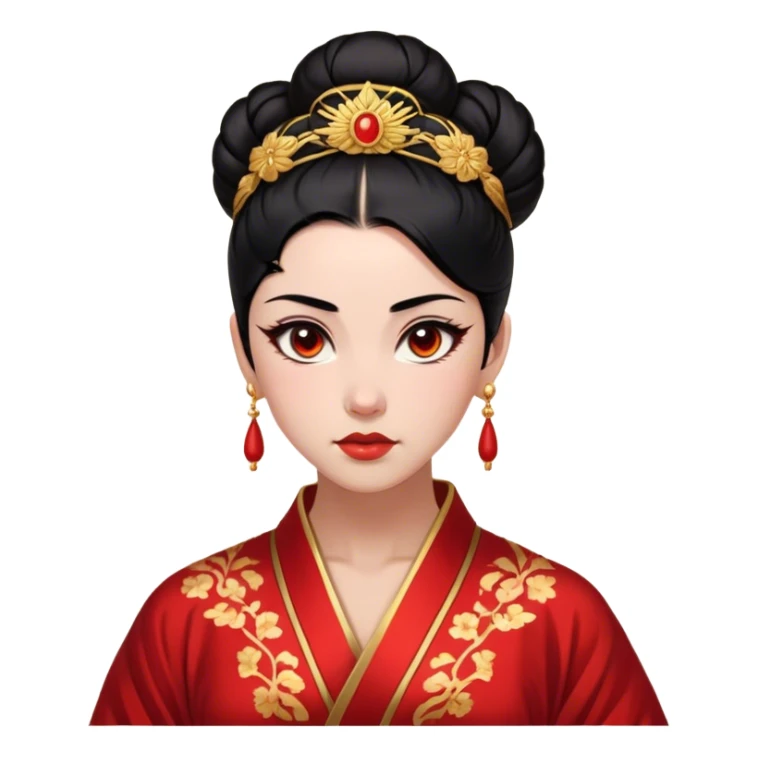 Cinematic Realistic Majestic Mulan Portrait, featuring finely rendered light skin with natural luminescence and expressive, determined eyes. Her black hair is styled with care into an elegant bun, and every fold of her traditional robe—adorned with subtle red motifs and refined gold trim—is depicted with intricate fabric detail. The scene is bathed in soft, natural light that enhances the depth and authenticity of the image, conveying a noble and serene aura that embodies timeless elegance and inner fortitude. sticker