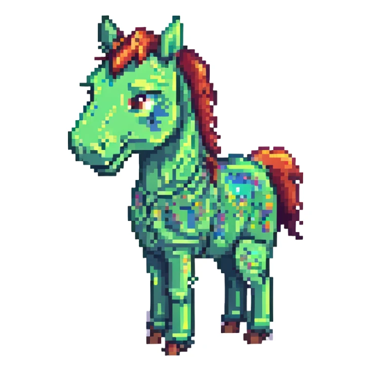 Make the green horse look happy in pixel art style with no background. sticker