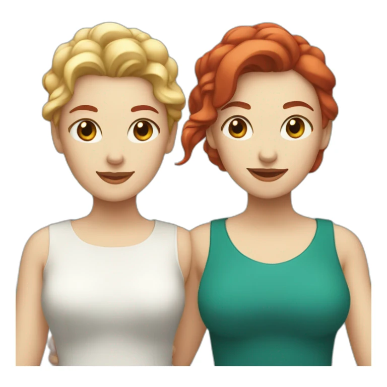 Two white women holding hands, one with medium length red hair, one with short teal hair sticker