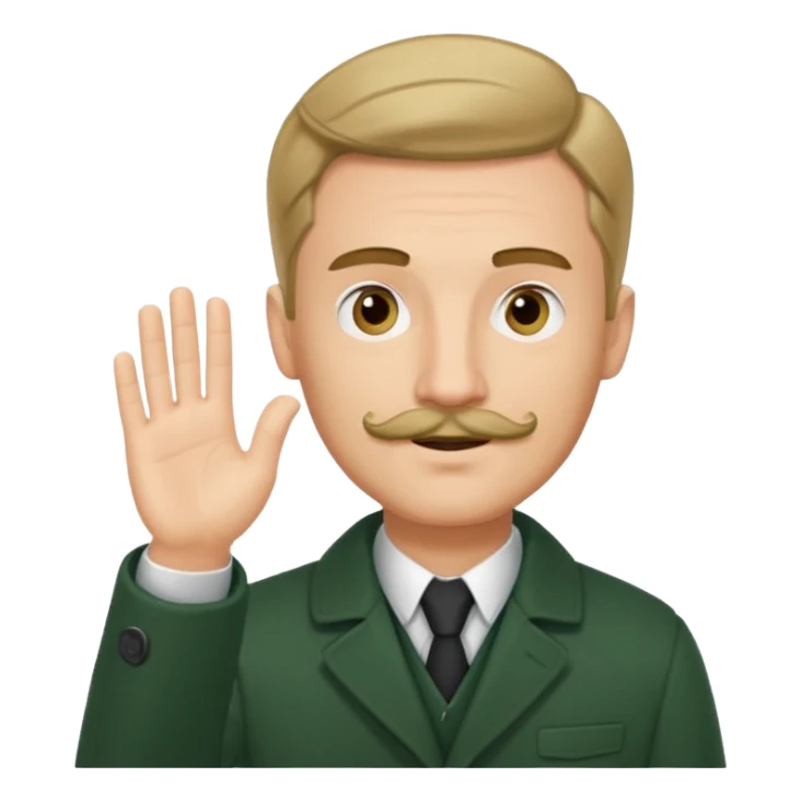 German guy with short mustache and a comb over raising his hand with a dark green coat sticker