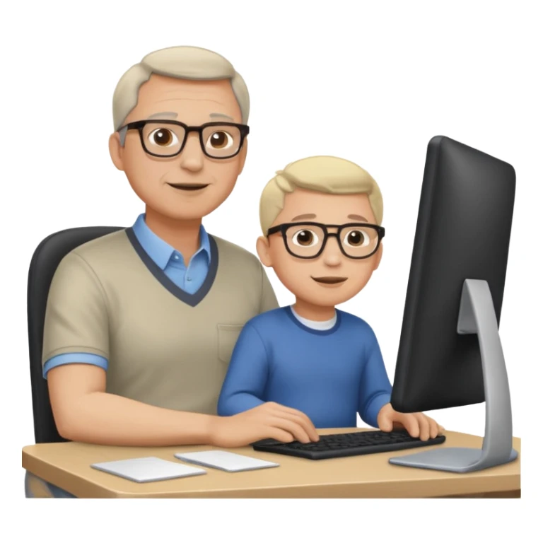 Middle aged man with glasses working at his desk, with his child sitting behind him on the headrest of his chair looking at his computer sticker