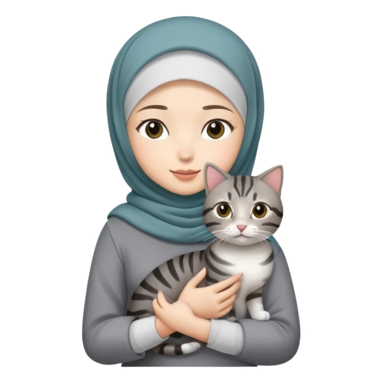 Asian White girl wearing hijab holding a black grey tabby cat while standing .  sticker