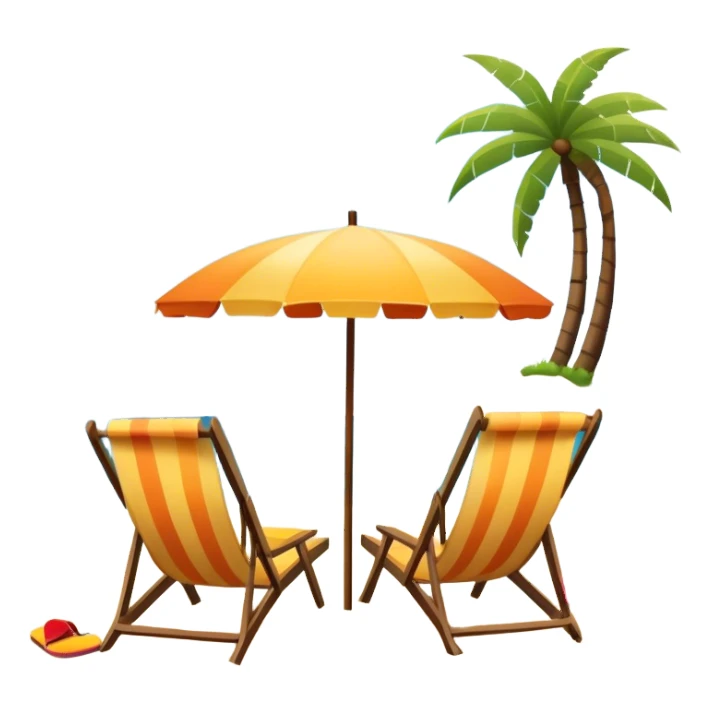 Icon for Beach Tourism: a sandy beach with a ocean skyline in the background, lounge chair, sun umbrella and flip-flops. The icon should capture the relaxation and fun of a beach vacation. Transparent background sticker