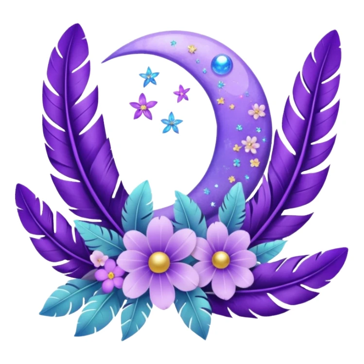 Beautiful poetic ethereal romantic aesthetic sparkly glittery shiny pretty floating pastel lilac lavender Violet moon and flowers and leaves and feathers and sparkles and stars aesthetic deco sticker