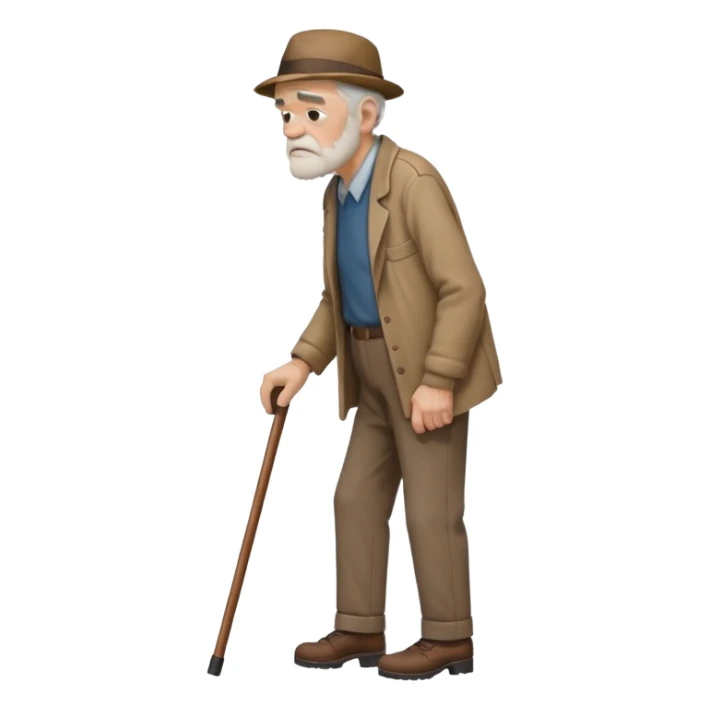 Old man leaning on a walking cane and holding his crancky back with his hand, grumpy face, detailed. Side view with the man going right sticker