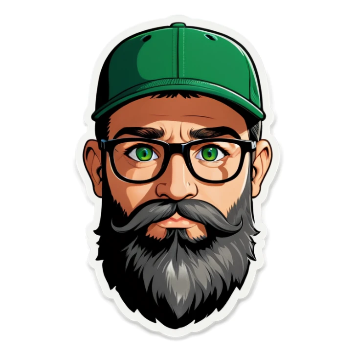 A bold man with a grey baseball cap, green eyes, big beard and glasses in love! sticker