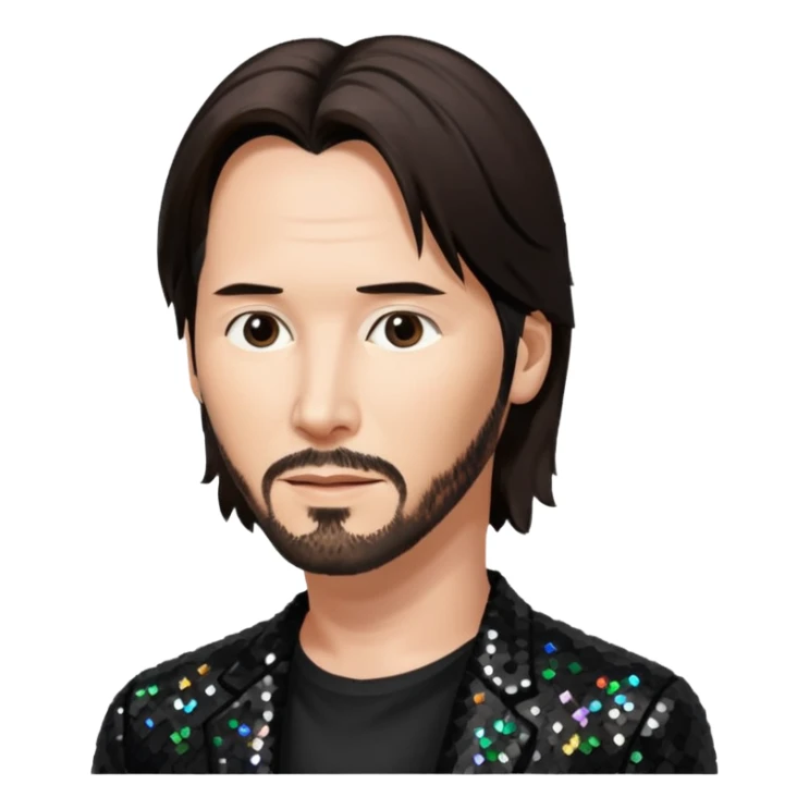 Keanu Reeves with dark brown hair, black sequin outfit sticker