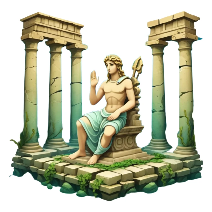 Simple Atlantis underwater ruins with a large sunken statue, fallen columns, broken domes, ancient Greek-style statue partially broken sticker