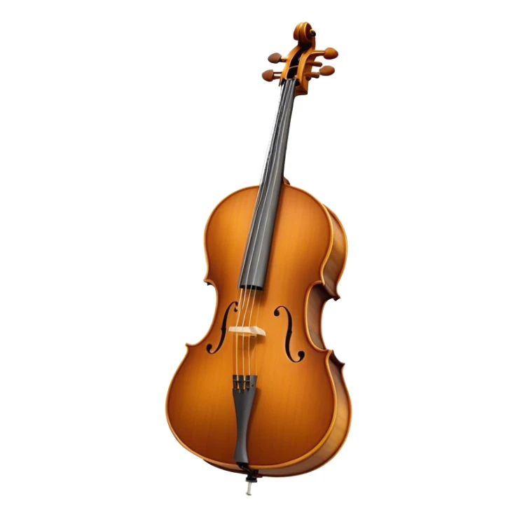 Create a refined and detailed emoji representing a Cremona cello with a bow. The design should feature the smooth, polished wooden body of the cello with a deep, rich tone color. The strings and tuning pegs should be visible, emphasizing the instrument's fine craftsmanship. Add a delicate bow placed gently across the strings, with intricate detailing on the hair and frog. Include subtle musical notes around the cello to evoke the graceful, classical sound. Use warm wood tones and accents like gold and silver for a professional, elegant look. The background should be transparent. sticker
