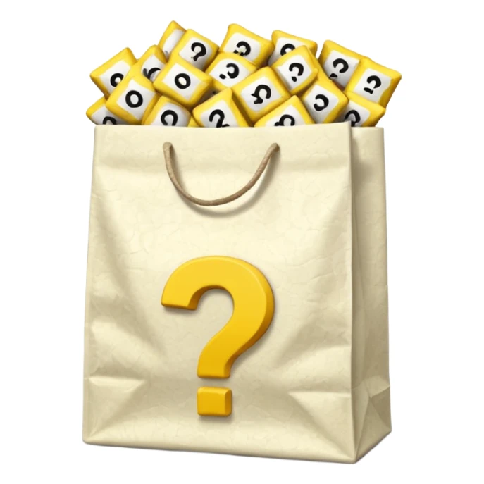 crumbled white goodie bag with yellow questions mark boxes stuffed in it sticker
