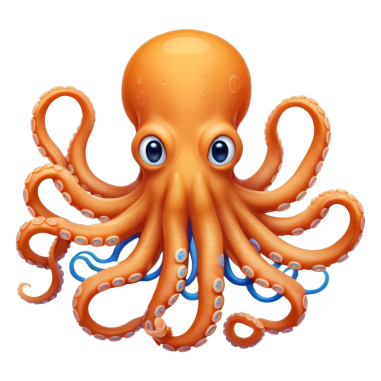 Cinematic Comical smirking Octopus Portrait Emoji, Head tilted dramatically with an exaggeratedly amused expression, featuring a rotund, light orange body festooned with bold blue rings and eight wildly expressive arms with comically animated suckers, Simplified yet hilariously expressive features, highly detailed, glowing with a slightly sassy underwater glow, high shine, dramatic yet playful, stylized with an air of quirky marine mischief, soft glowing outline, capturing the essence of a meme-worthy octopus that looks ready to squirt its way into viral fame! sticker