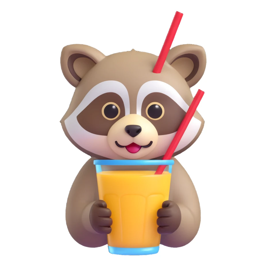 Show only the raccoon's face drinking through a straw in 3D emoji style, with no background, focusing on the microsoft style 3D fluent emoji look. sticker