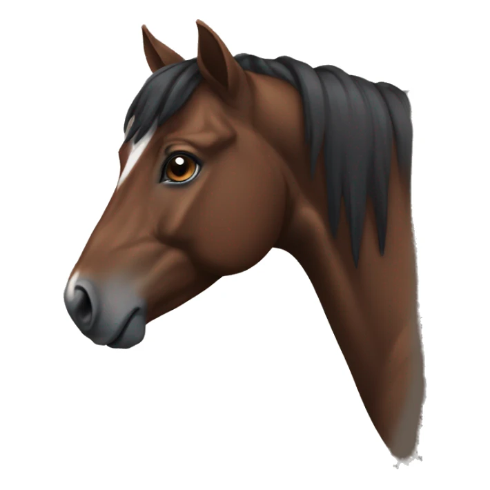 Brownish black horse with white mark on her forehead and a browner nose sticker