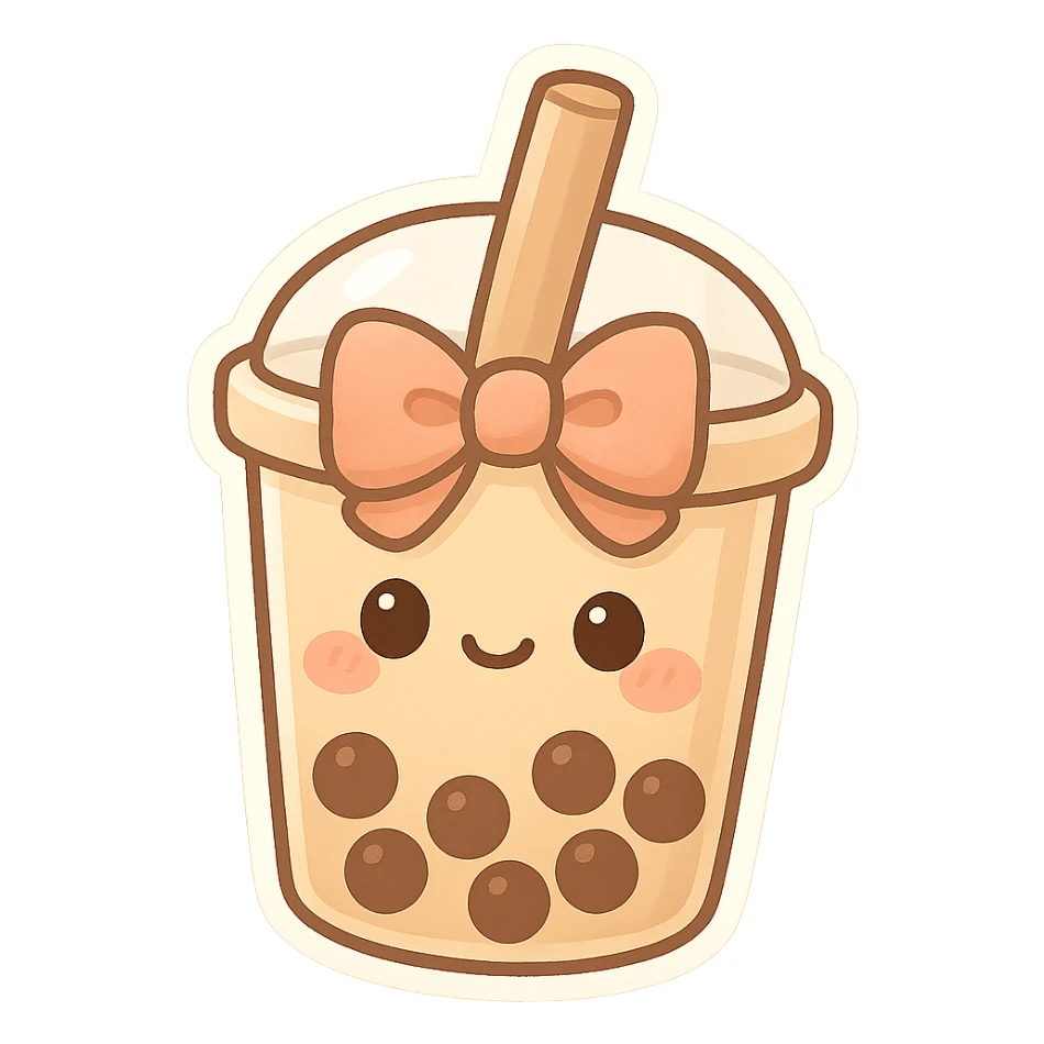 chibi sticker-style bubble tea with a big bow, cute and exaggerated sticker