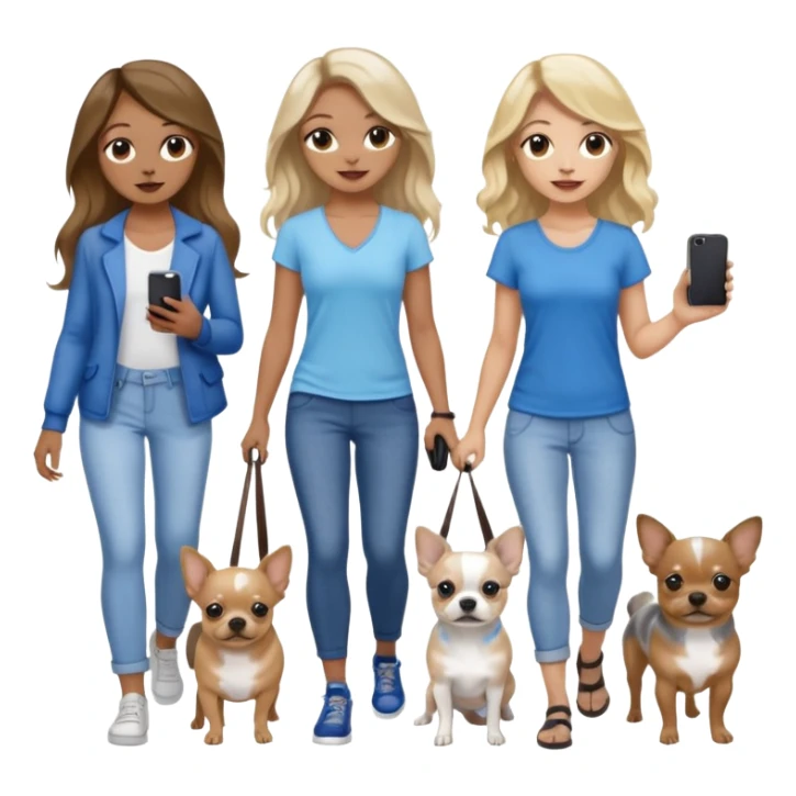 Three women in summer clothes holding iPhone, hazel eyed light skin with dark blonde long hair and light skin hazel eyed brown long wavy hair, blue eyed light skin long blonde hair walking 2 different dogs that are blue and gray spotted Merle Frenchie and one black and tan chihuahua  sticker