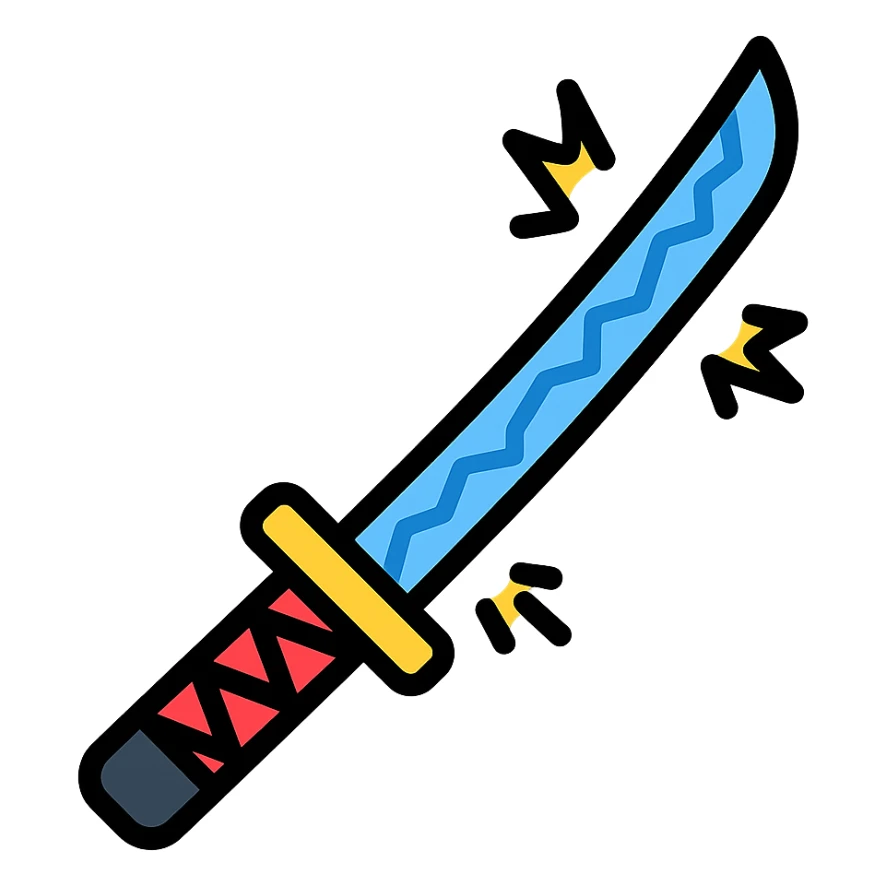 katana with a blue lightning pattern along the blade, glowing effect, icon style sticker