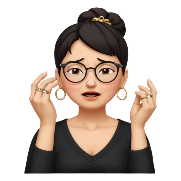  middle aged woman with dark hair pulled up in a high bun, wearing round ring earrings and glasses with a very painful expression on her face, eyes squeeed shut, wincing in pain, sticking her fingers in her ears trying to not hear a terrible singer who is too loud and out of tune.  sticker