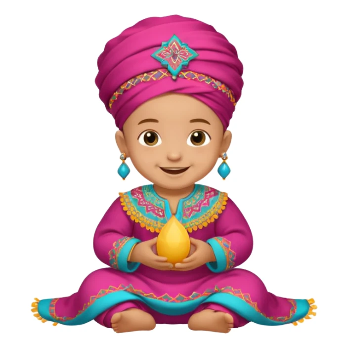  baby, dressed in colorful ghalibiya with delicate decorations, and a traditional Moroccan terbuka sticker