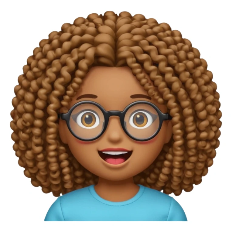 gere um boneco emoji da pele parda com o cabelo cacheado e meio grande, com olhos pretos e um óculos redondo, e também com a boca aberta mostrando os dentes sticker