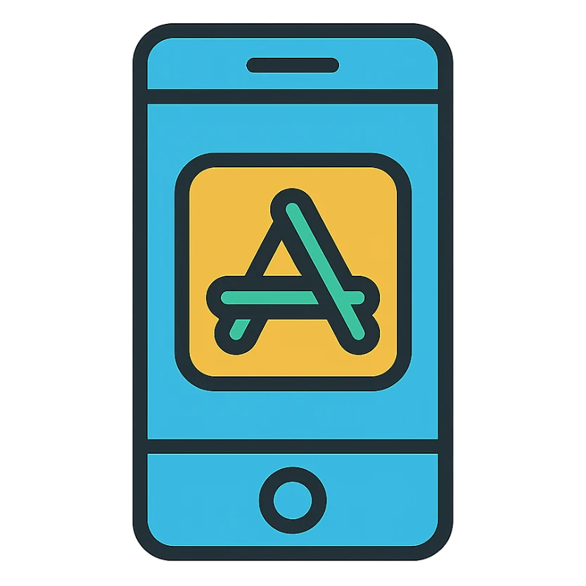Flat design icon for 'Mobile App' depicting a smartphone outline with an app icon or app store logo, keeping the style professional and approachable. sticker