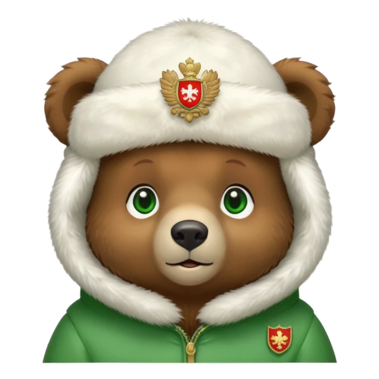 Adorable tiny brown bear face with sweet expression and green eyes, wearing only a white fur ushanka hat with clear Russian coat of arms, no body or clothing visible, iOS emoji style sticker