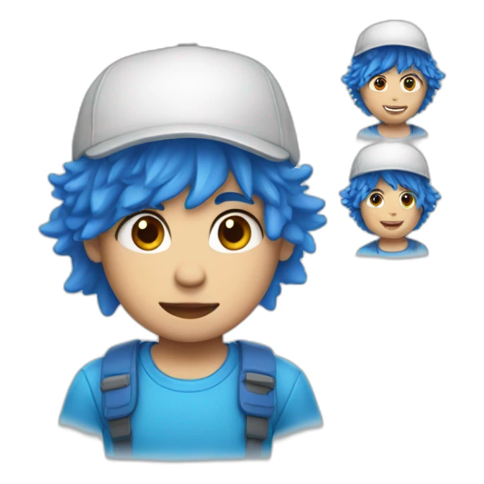 A kid with white skin, Blue messy hair, red cap and a white shirt sticker